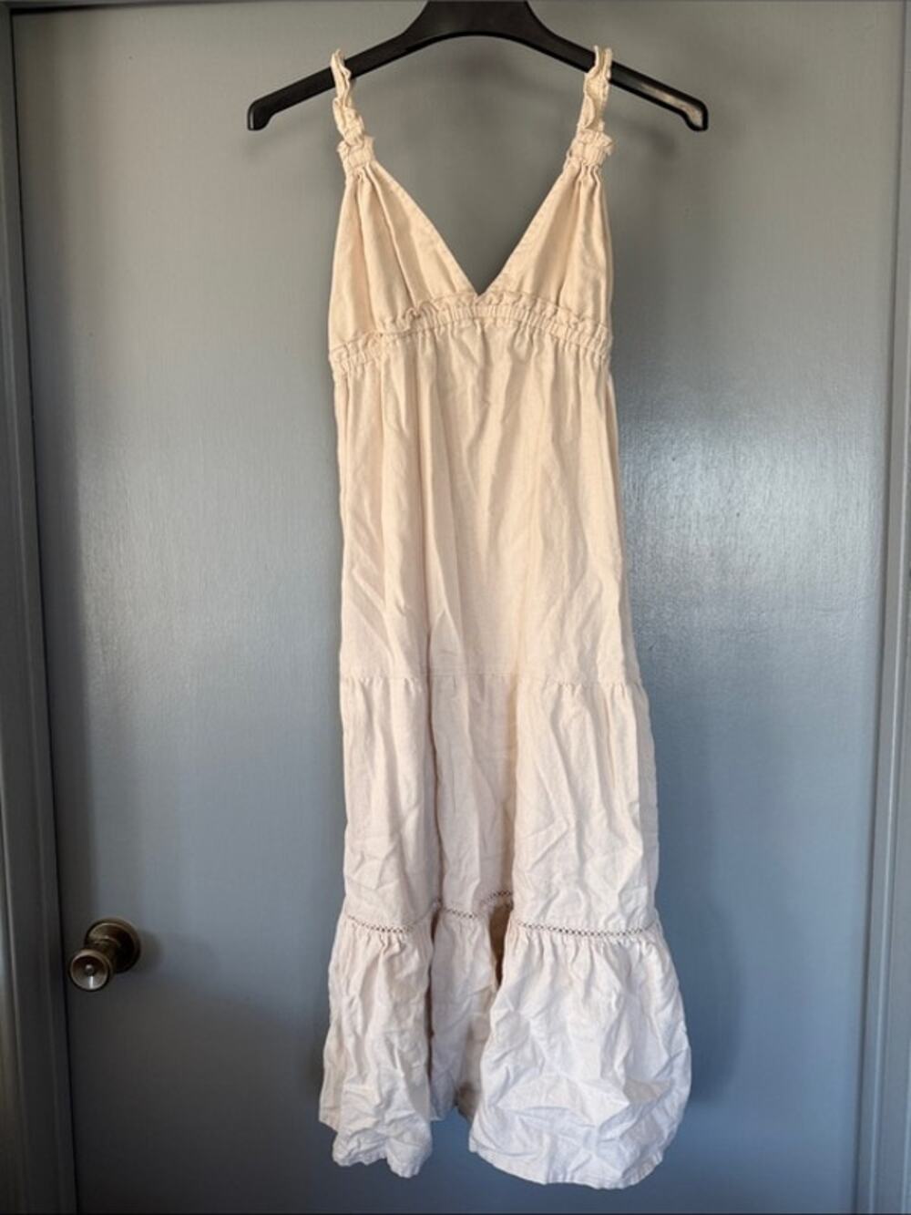 Love Tree Cream Linen/Viscose Midi Sun Dress Babydoll Tiered sz M Ruffles